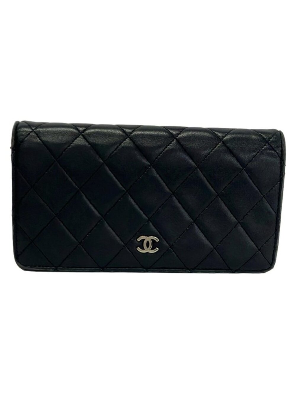 Chanel Wallet Quilted Black CC Logo Silver Lambskin